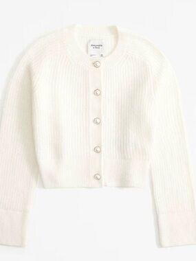 Abercrombie & Fitch Ivory Pearl-Button Cropped Ribbed Cardigan
